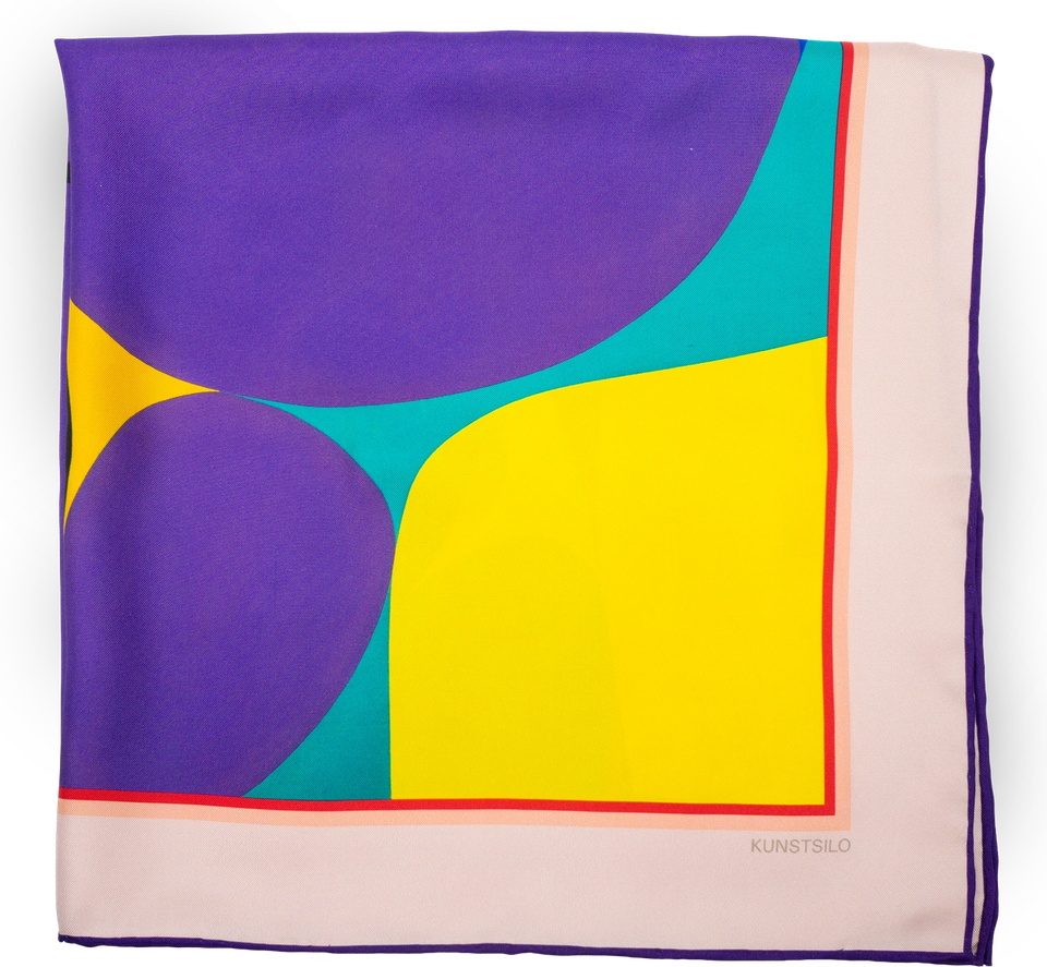 The Gundersen scarf folded flat — the full colourblock composition in purple, yellow and teal