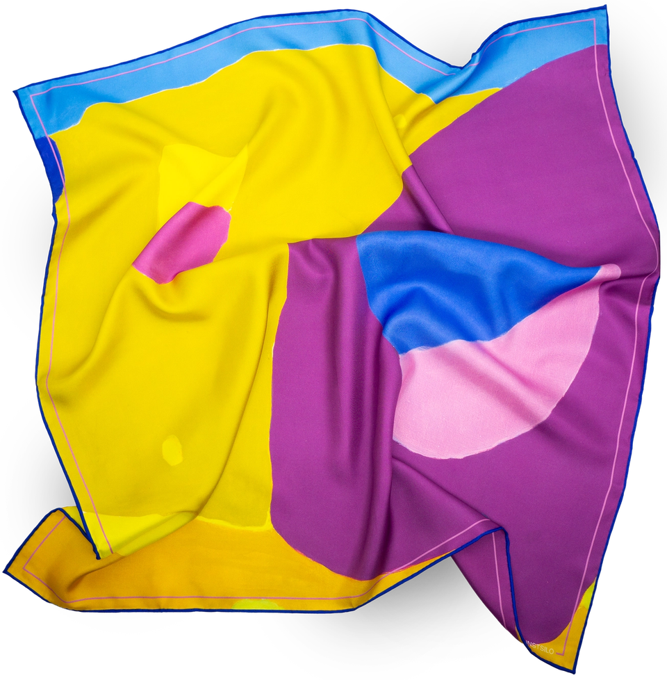 The Johs Rian silk scarf — bold abstract colourblocks in yellow, purple, blue and pink, shown draped