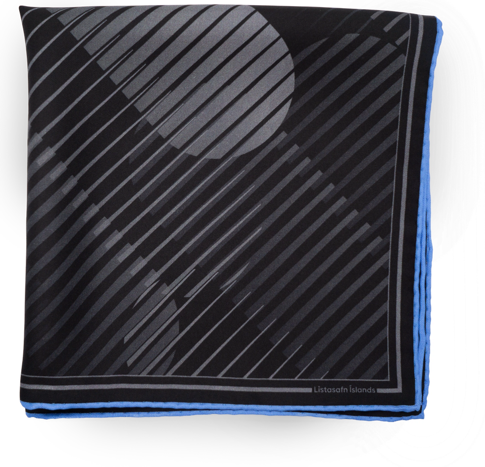 The Signature Abstract scarf folded flat — circular and stripe composition with "Listasafn Íslands" label on the cobalt border