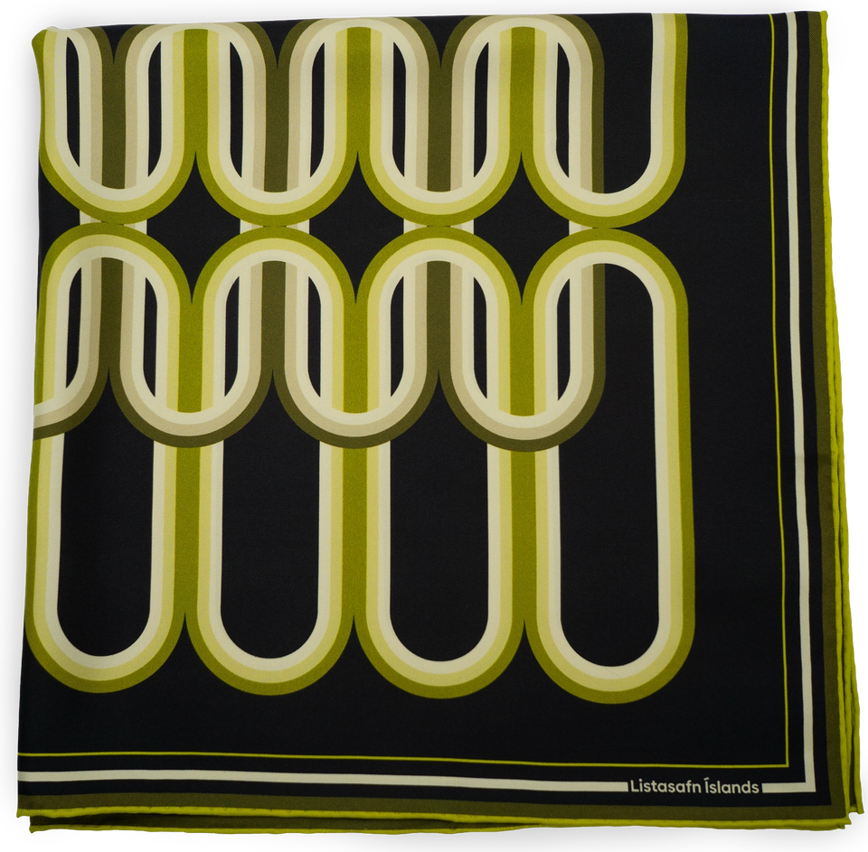 The Signature Lines scarf folded flat — interlocking chartreuse loops layered across black silk