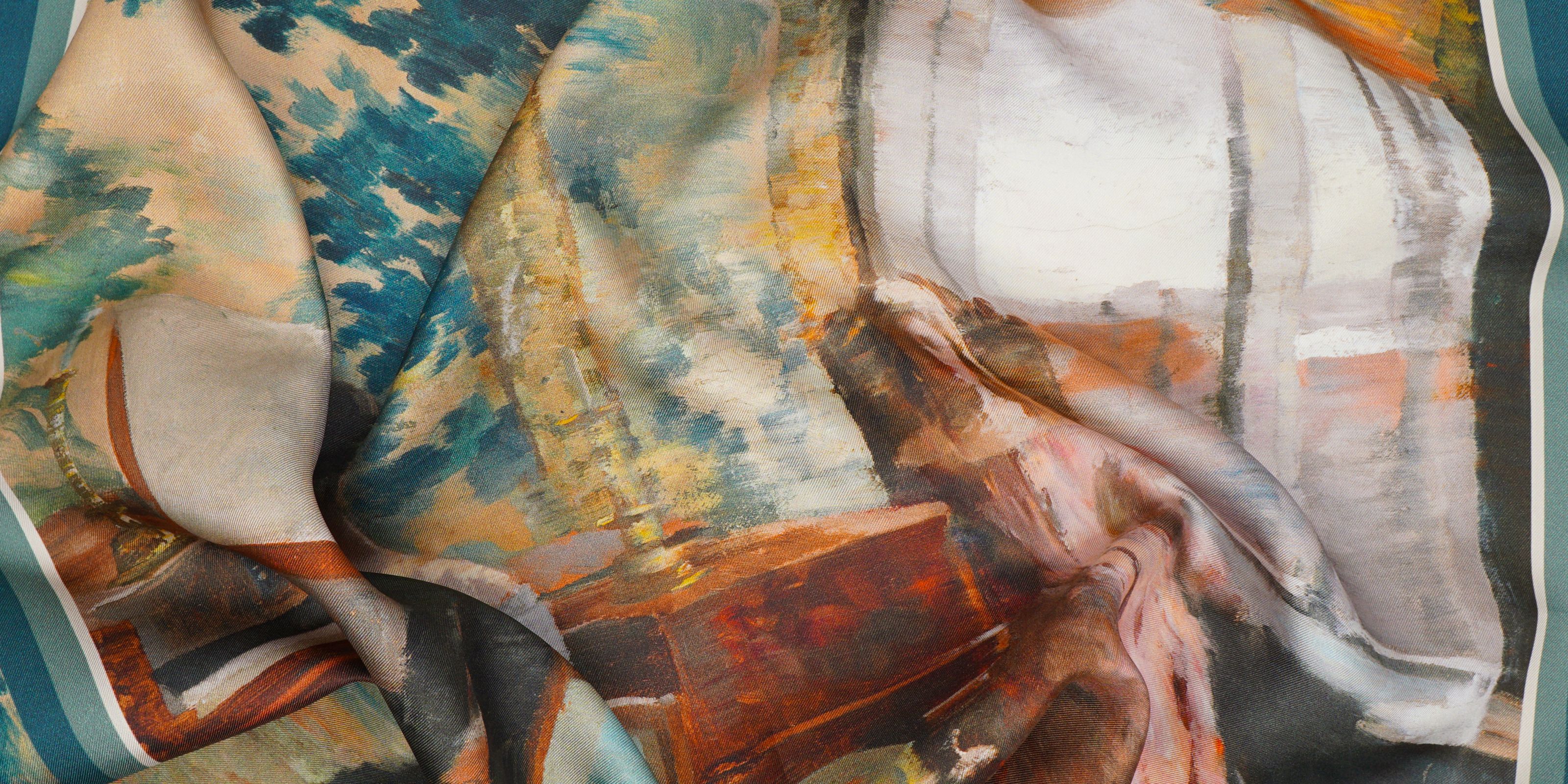 The Musikkinteriør silk scarf draped, Asta Nørregaard's painted interior within a printed border