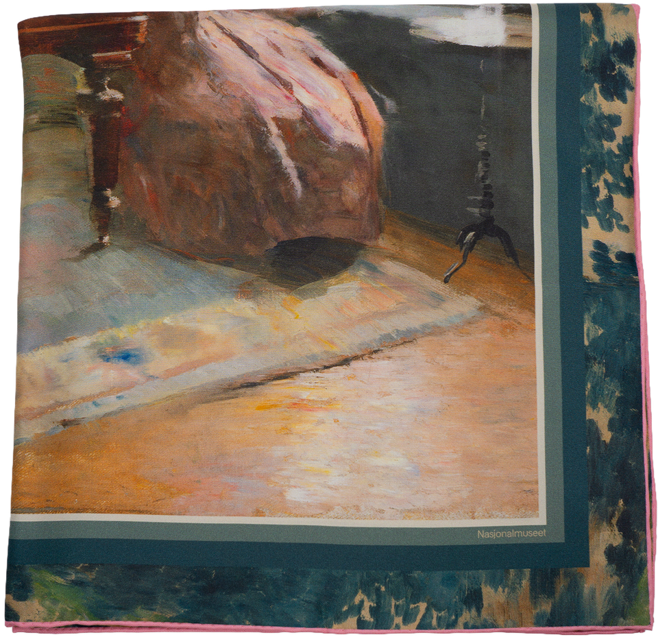 The Musikkinteriør scarf folded to show the interior painting’s lower section — rich room detail in ochre and teal, pink hand-rolled edge