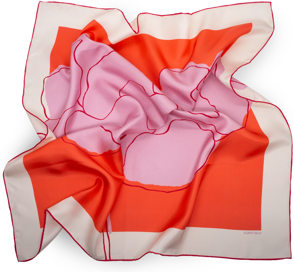 The Poppy silk scarf — a large-scale poppy in pale pink on coral, with a red outline, cream border and hand-rolled edge