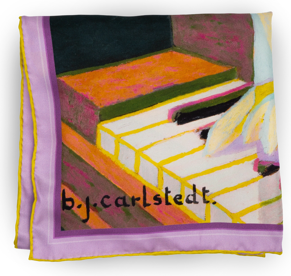The Carlstedt Stillife scarf folded to reveal the piano-keys detail and "b.j.carlstedt." signature