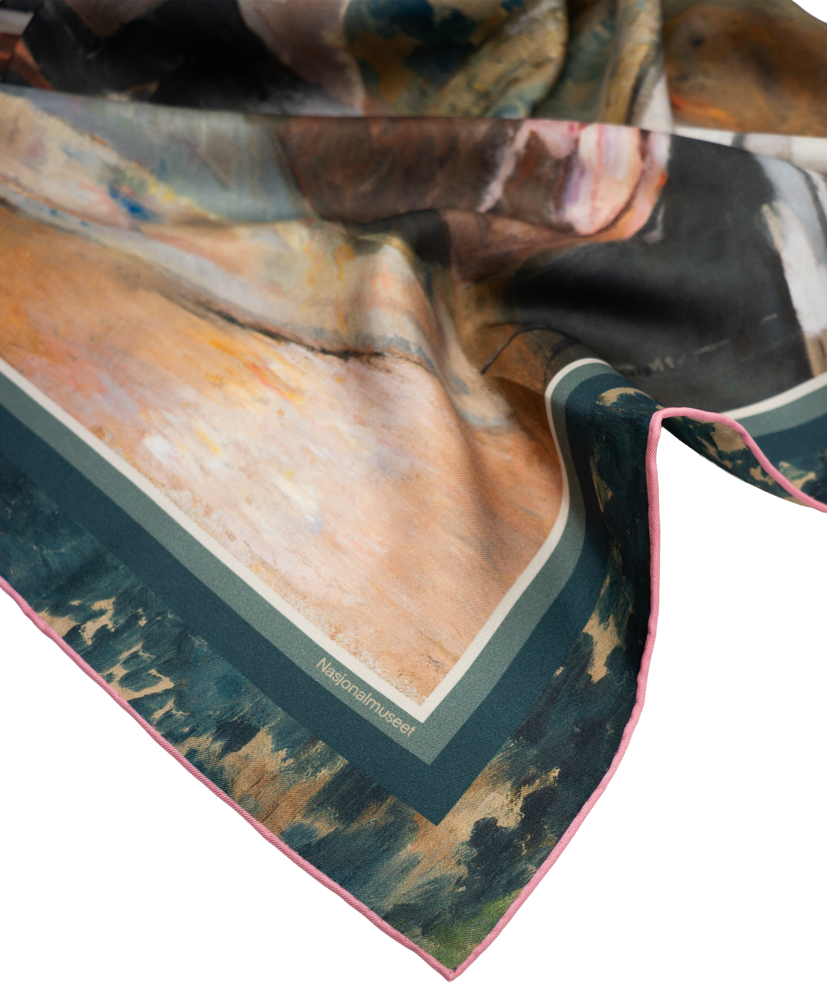Corner detail of the Musikkinteriør scarf — teal border meeting the pink hand-rolled edge, "Nasjonalmuseet" label