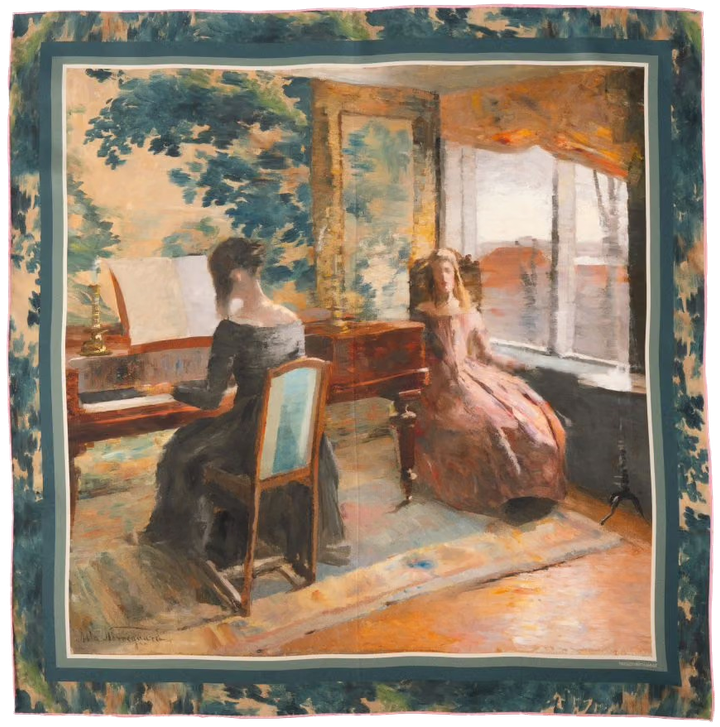 The full Musikkinteriør scarf — Nørregaard's 1885 music-room interior on silk within a foliage border
