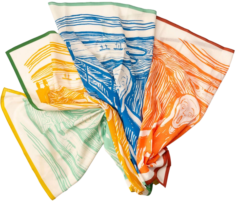 All four Skrik colourways together — yellow, blue, orange and green — each set against its contrasting rolled edge