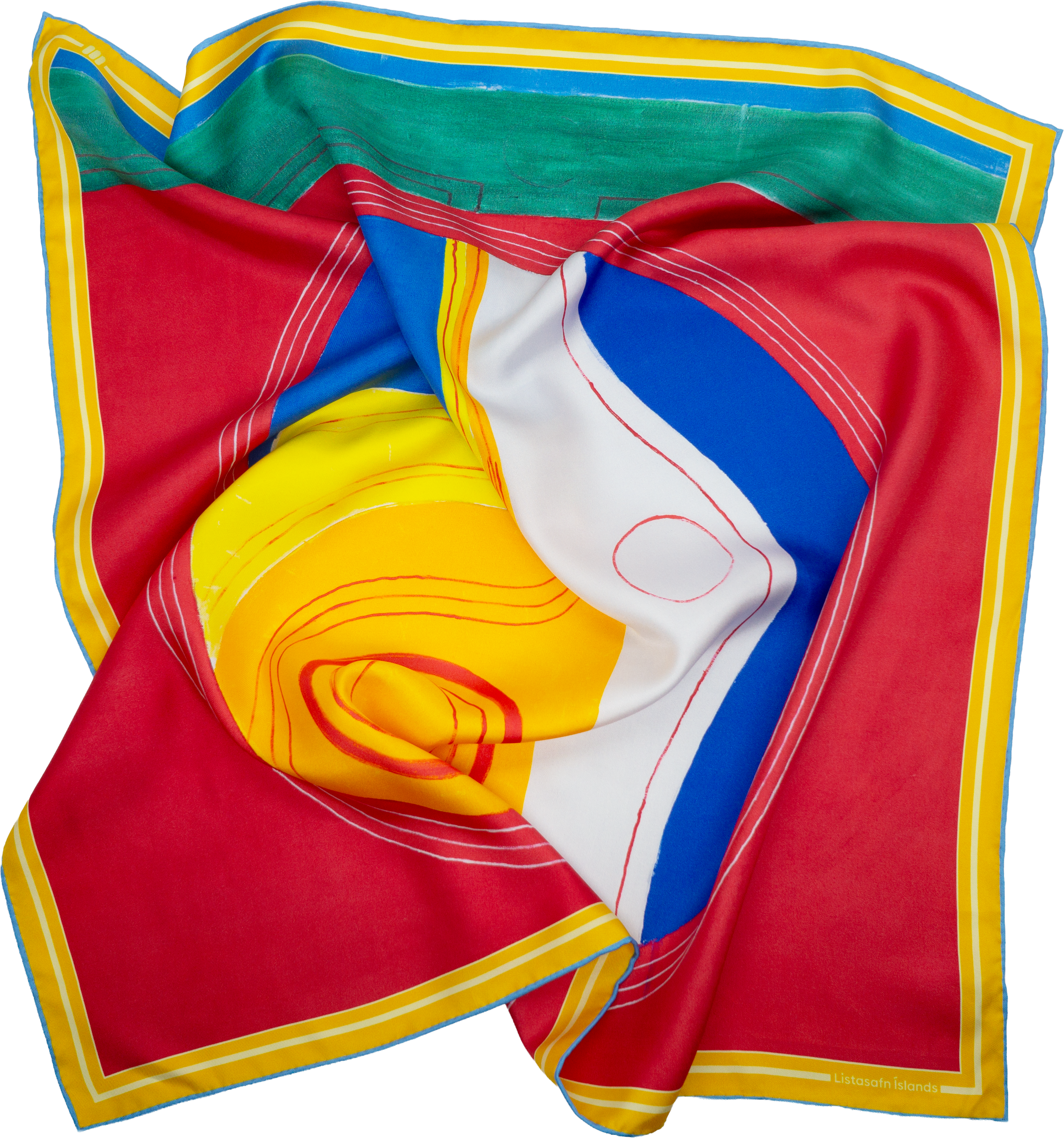 The Guðmunda Andrésdóttir silk scarf for Listasafn Íslands — a deep red field with a gold and blue border, cut out on a transparent ground