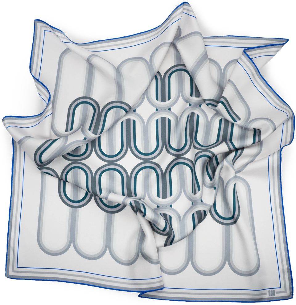 The Signature Lines scarf as a product cut-out — the gallery’s logo redrawn as interlocking looping forms on silk, shown flat against a transparent ground