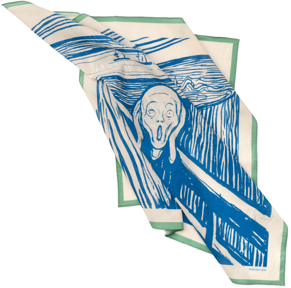 The Skrik bandana loosely draped — Munch’s image in blue on cream cotton, green edge