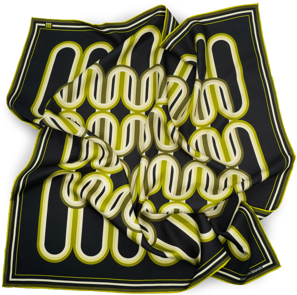 The Signature Lines silk scarf for Listasafn Íslands — the gallery’s logo redrawn as looping chartreuse forms on black