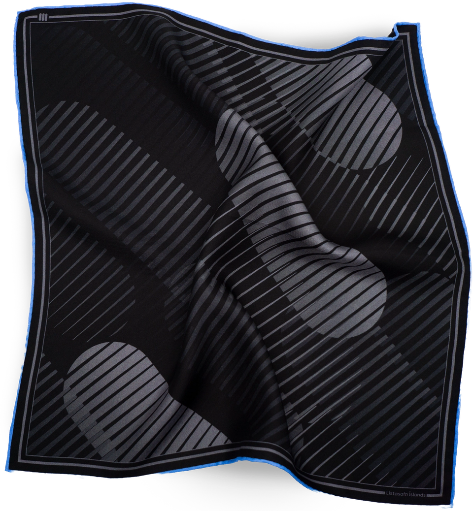 The Signature Abstract silk scarf for Listasafn Íslands — circles and diagonal stripes on black, with a cobalt blue edge