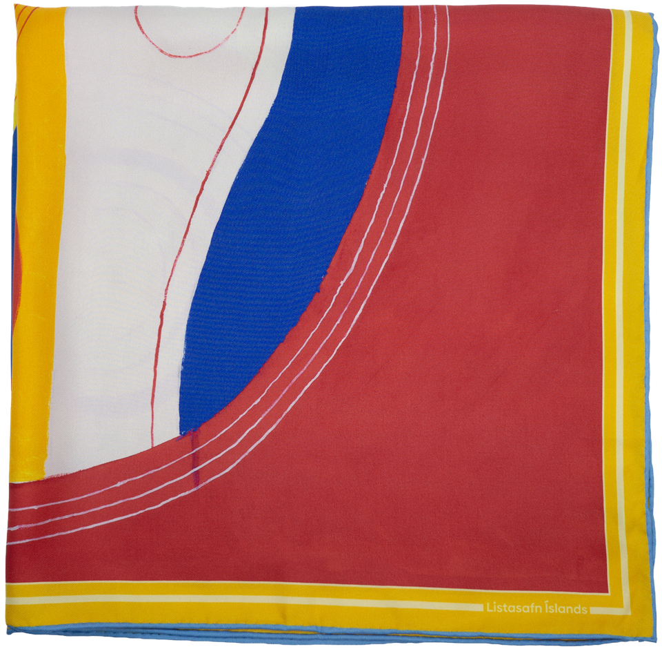 Corner detail of the Guðmunda Andrésdóttir scarf — the red field meeting the gold border, with a blue accent and the hand-rolled edge