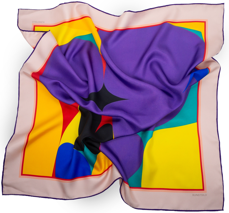 The Gunnar Gundersen silk scarf — Gundersen’s abstract in bold colourblocks of purple, yellow, teal and sand, with a red border