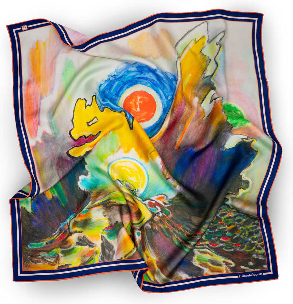 The Finnur Jónsson silk scarf for Listasafn Íslands — an expressionist landscape translated onto silk, draped to show the gallery’s navy-and-orange border