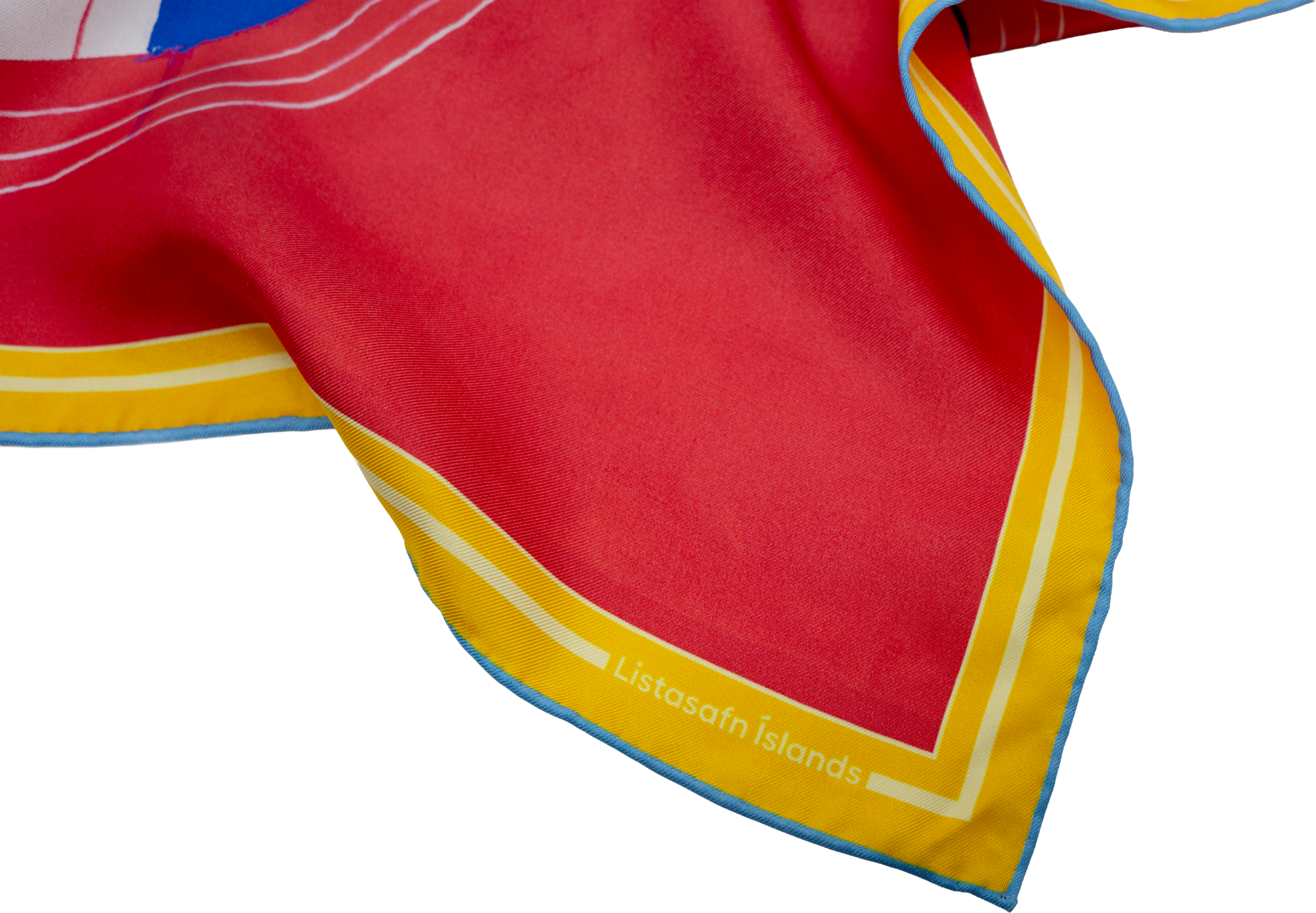 The Guðmunda Andrésdóttir scarf laid out to show the full design — deep red silk with a gold border and the Listasafn Íslands label