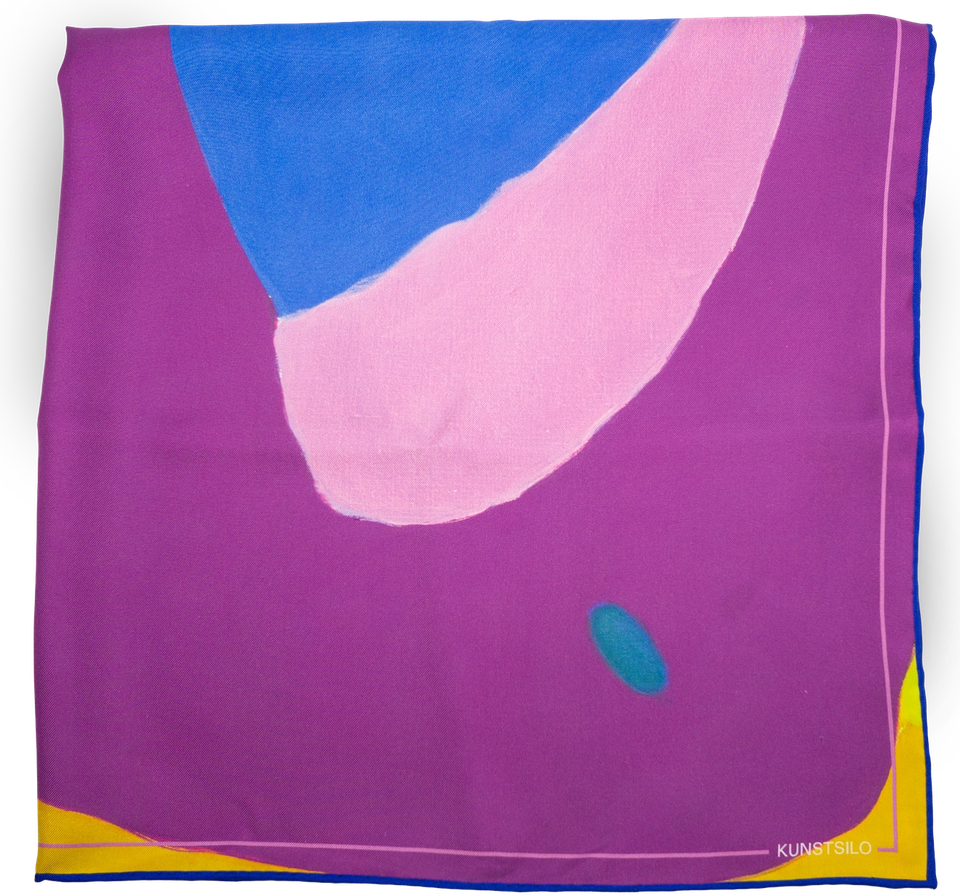 The Johs Rian scarf folded, showing the purple and blue colourblock composition