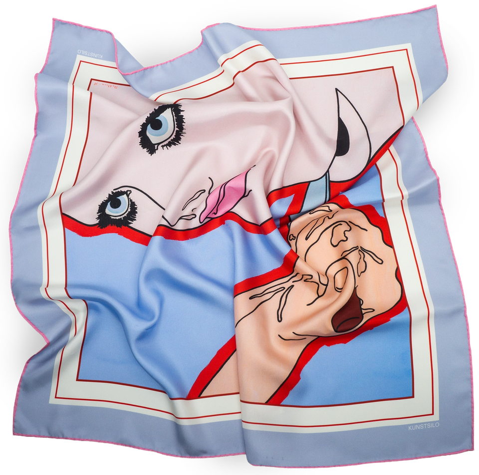 The American Dream silk scarf — a pop-art face in blue, red and cream on a powder-blue ground, shown draped