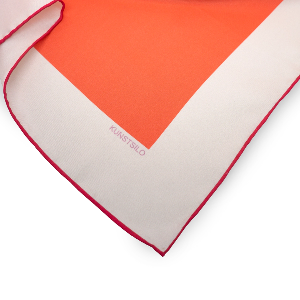 Corner of the Poppy scarf — cream border and the coral ground, Kunstsilo label