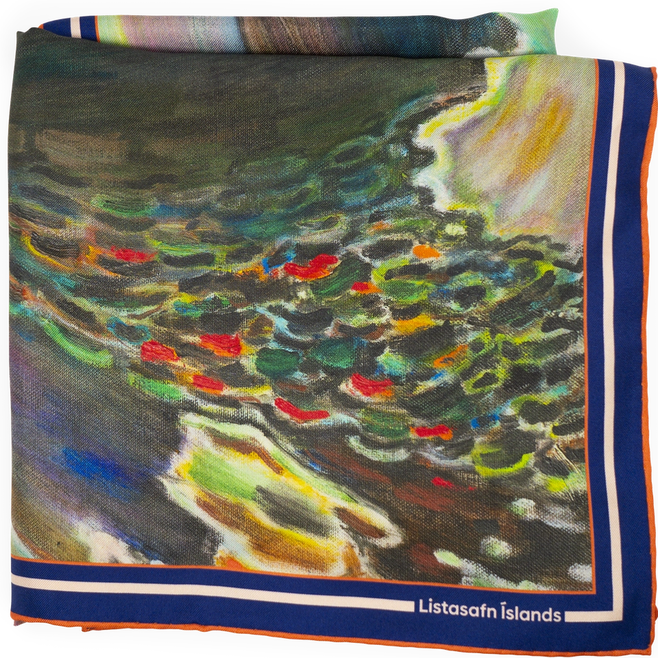The Finnur Jónsson scarf folded to show the dark landscape detail and "Listasafn Íslands" label