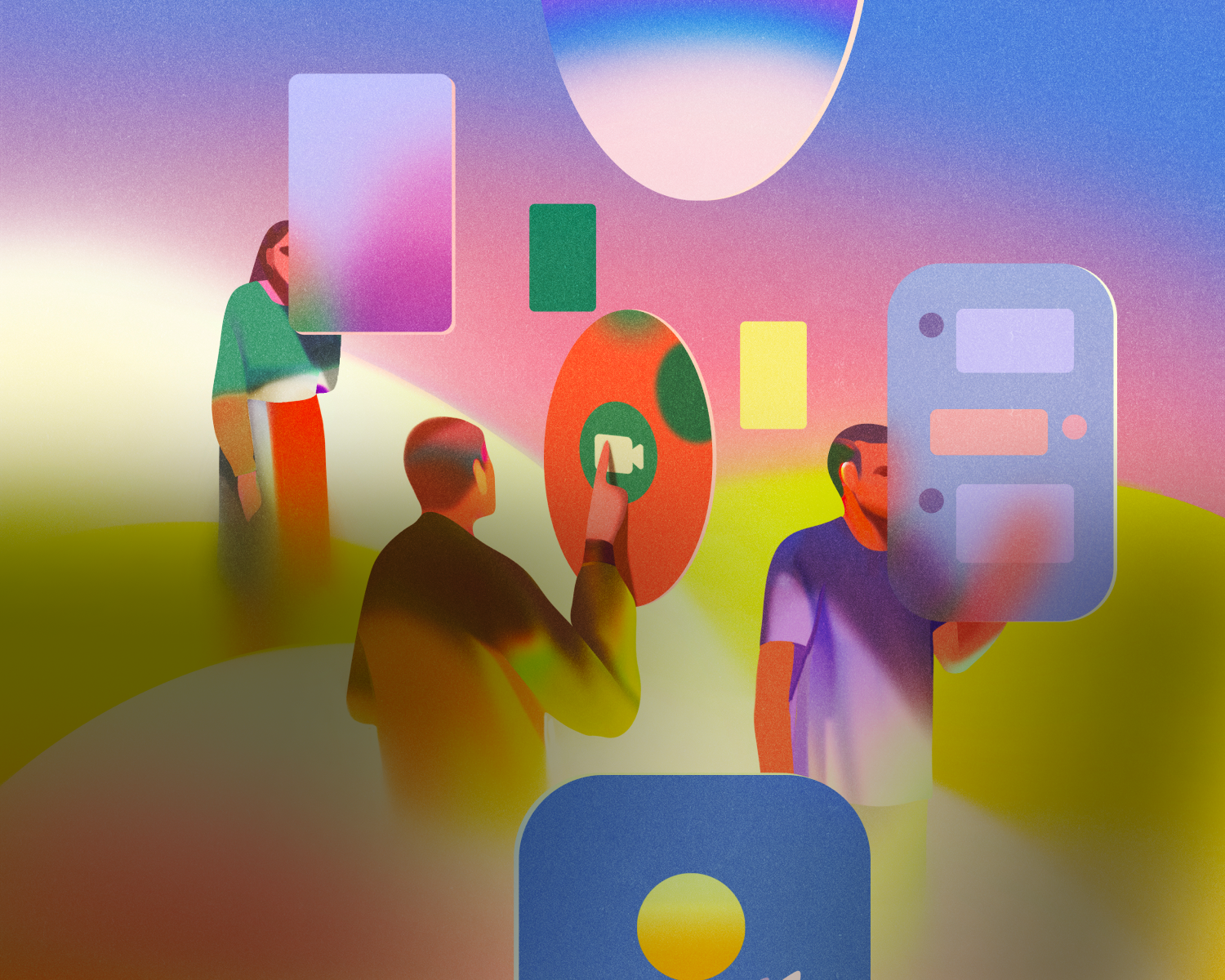 Abstract Illustration of 3 people interacting with different virtual components 
