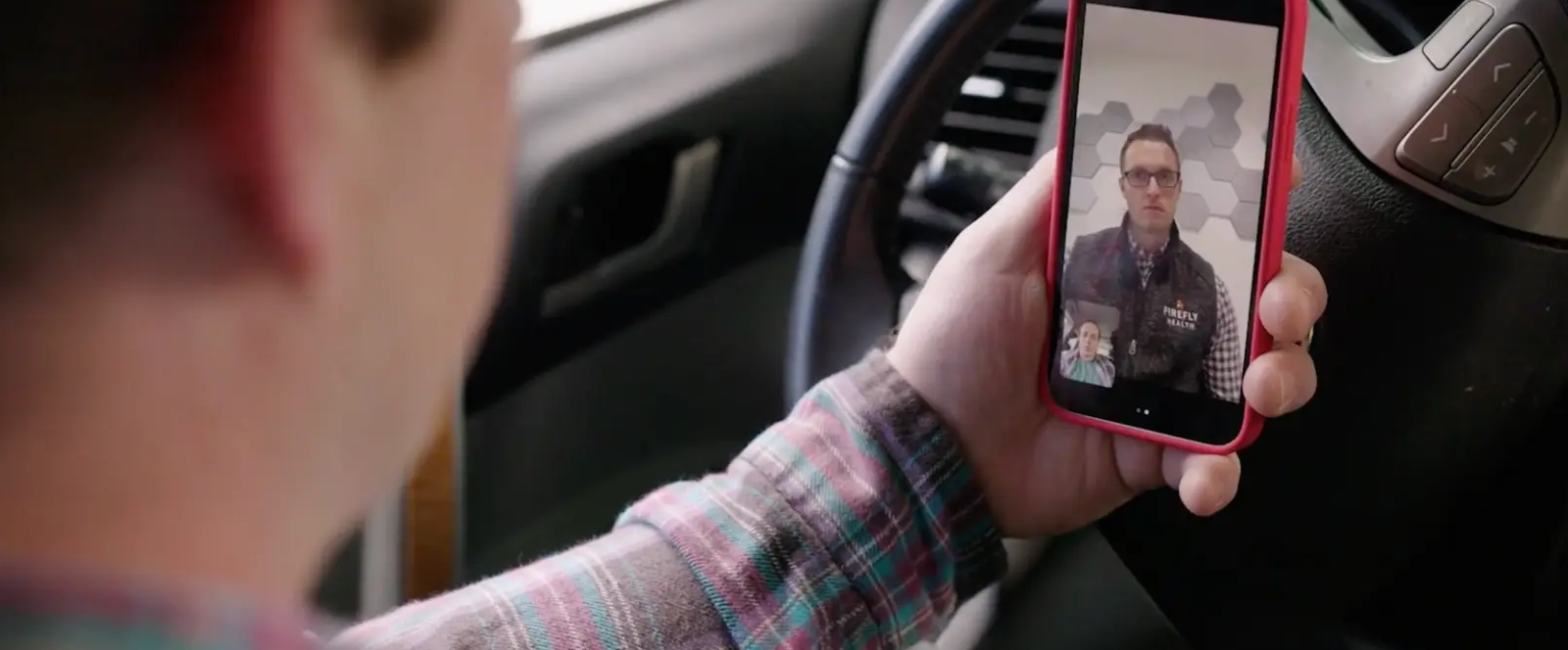 woman on phone in kitchen, Firefly UX overlay to her right