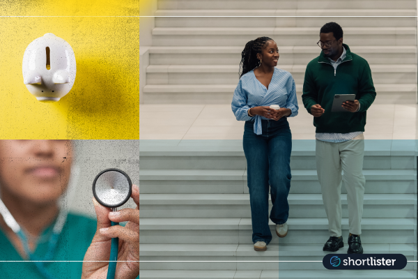 collage.  Top left:  piggy bank  lower left: stethescope right: Business people walking down steps 