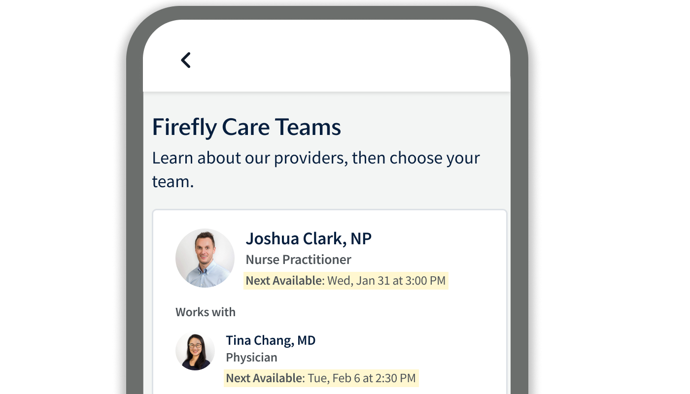 UX of the "select a care team" page within the Firefly app