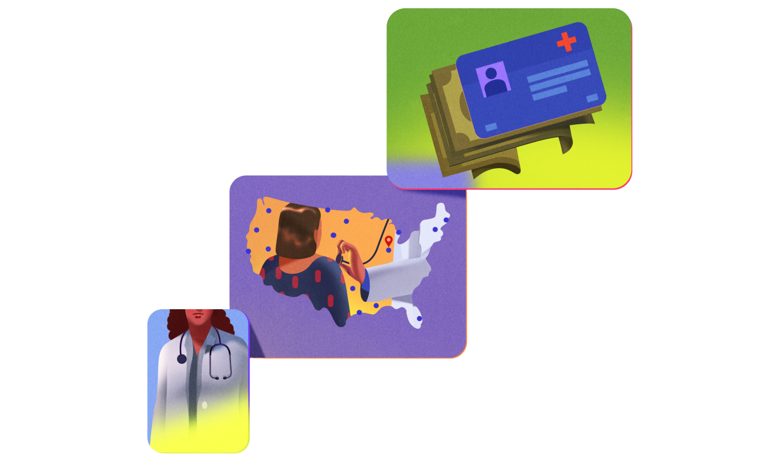 conceptual illustraiton. 3 tiles: 1) doctor 2) map of the US 3) stack of money and a health insurance card
