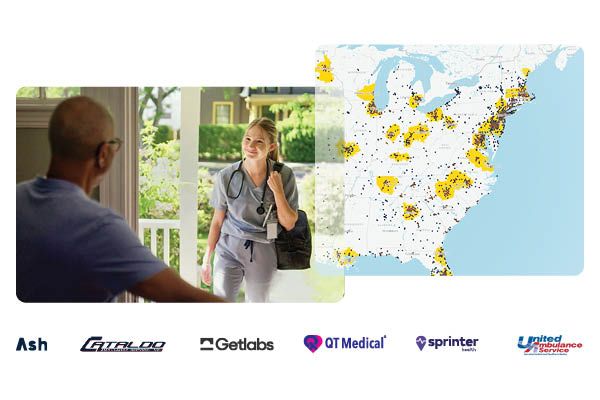 Partnership logos, Patient at home opening door for a visiting nurse, map of the Northeastern U.S.