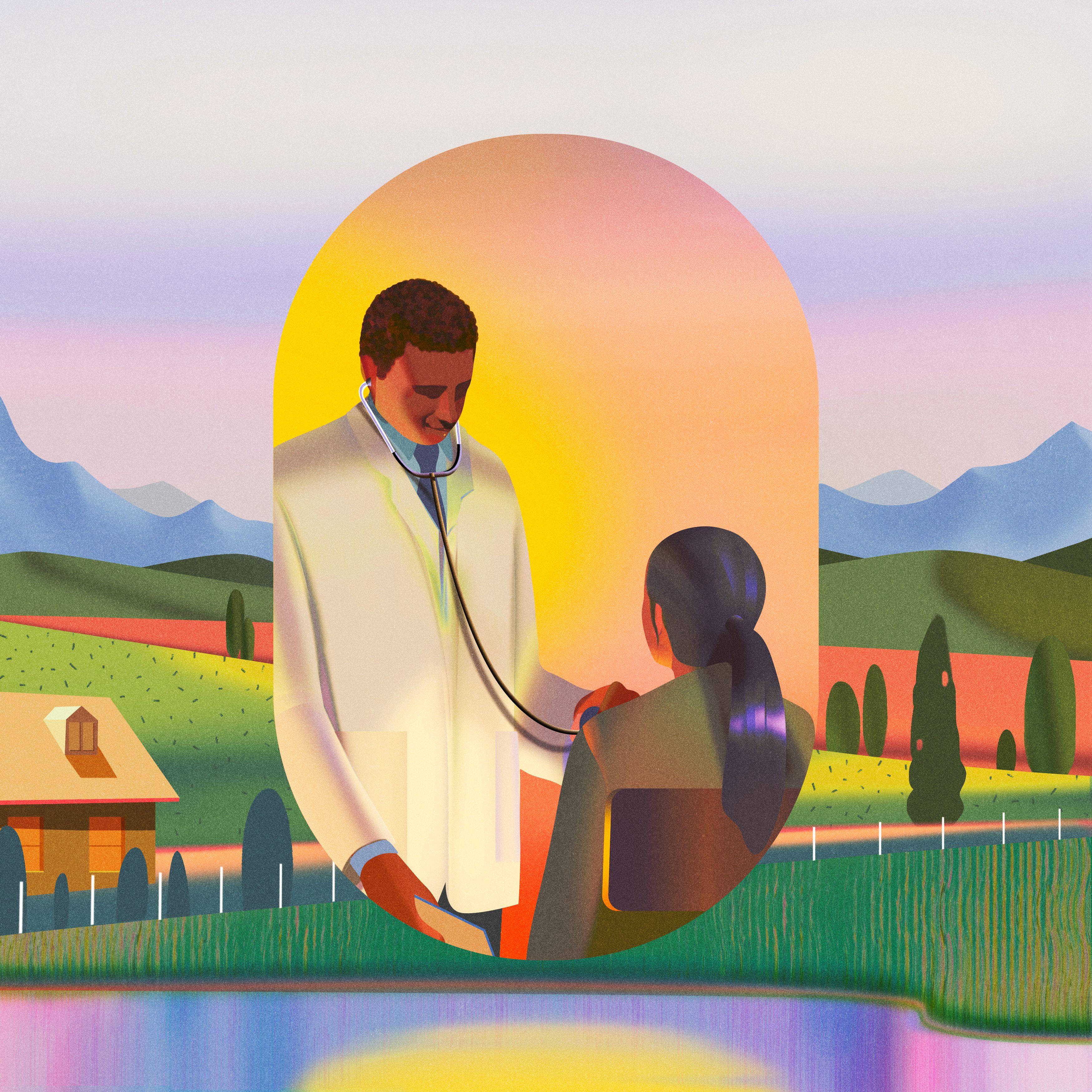 Illustration of a doctor visit in rural America 