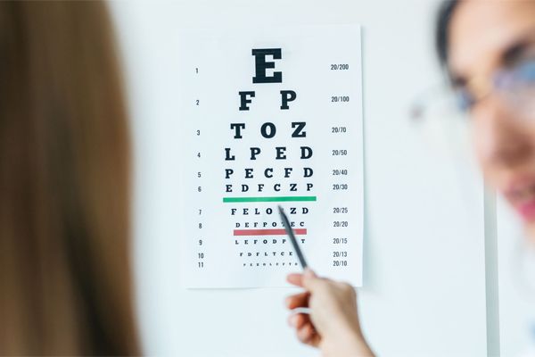 Patient reviewing a Snellen eye exam chart as doctor points to letters