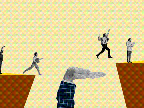 Gif of business people jumping over an abyss