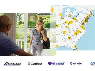 Partnership logos, Patient at home opening door for a visiting nurse, map of the Northeastern U.S.