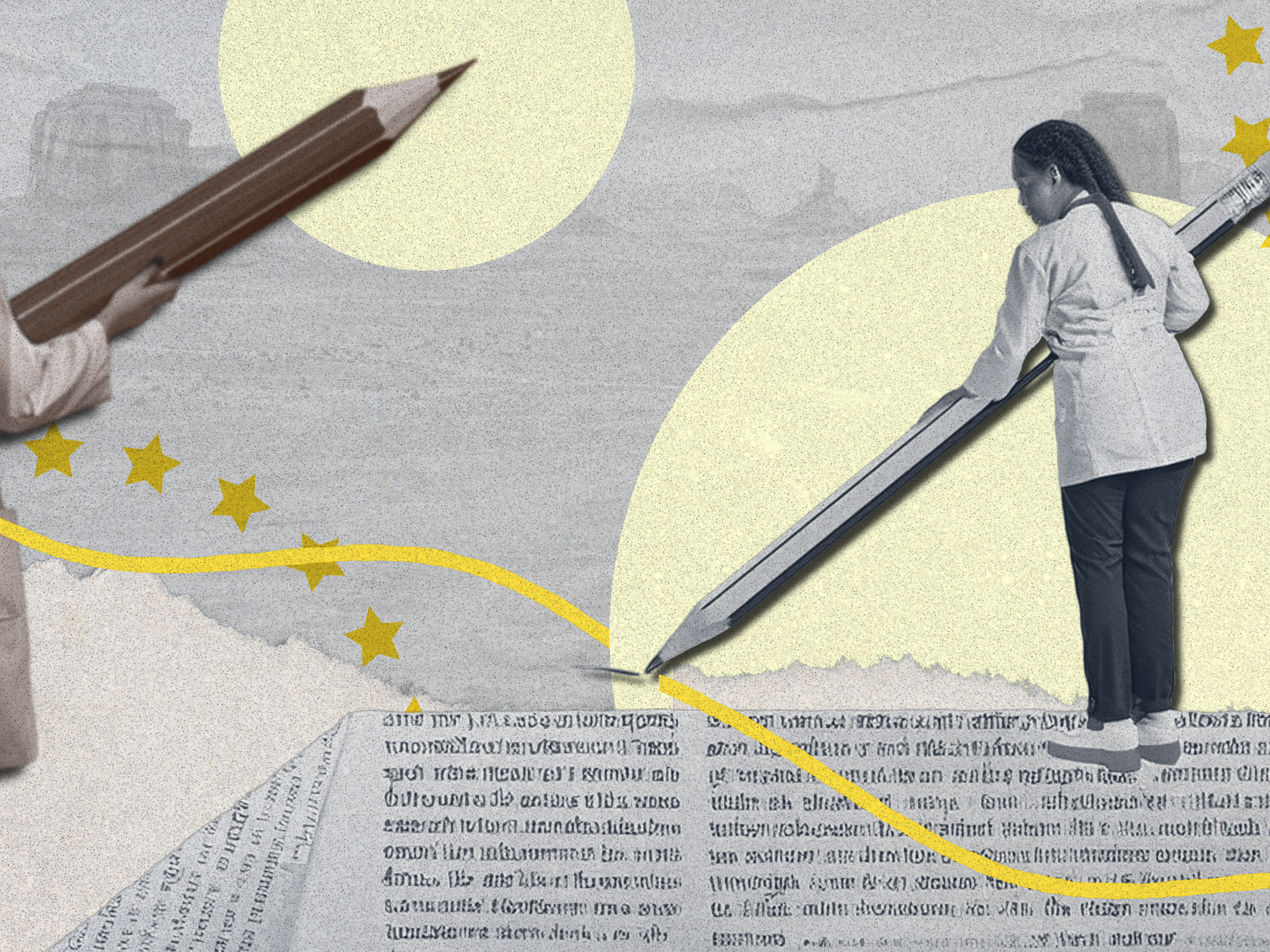 abstract collage. 2 doctors holding pencils writing and creating a path