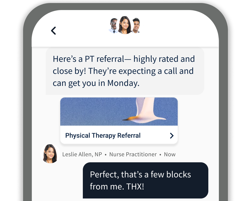 image of the Firefly app chat. Firefly is making a recommendation for a PT near someones home