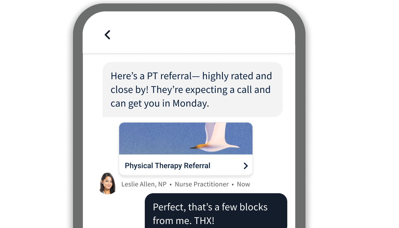 chat screen, with a referral to a PT office nearby the patient