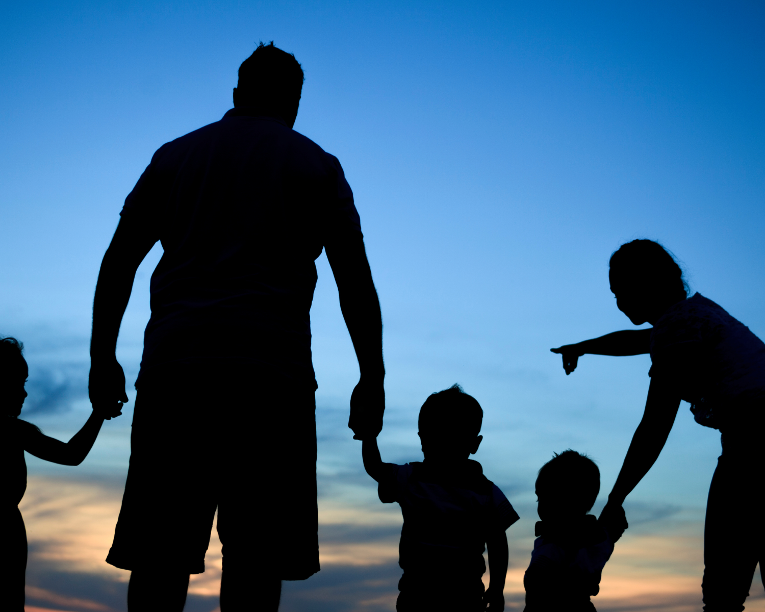 family at dusk holding hands and looking pointing at the horizon