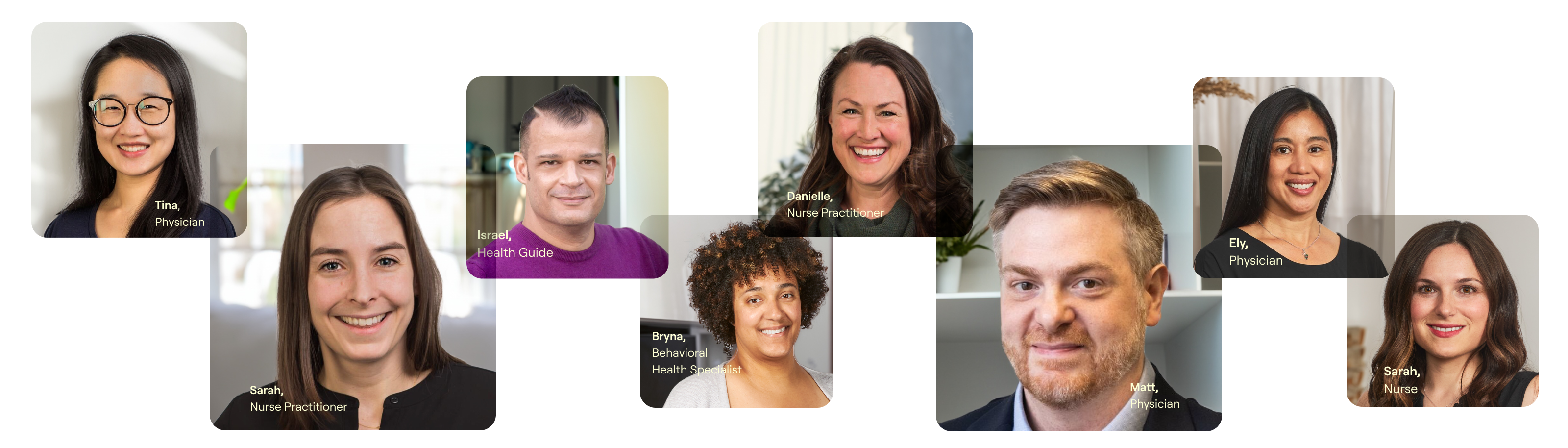 8 overlapping care team member headshots + titles 