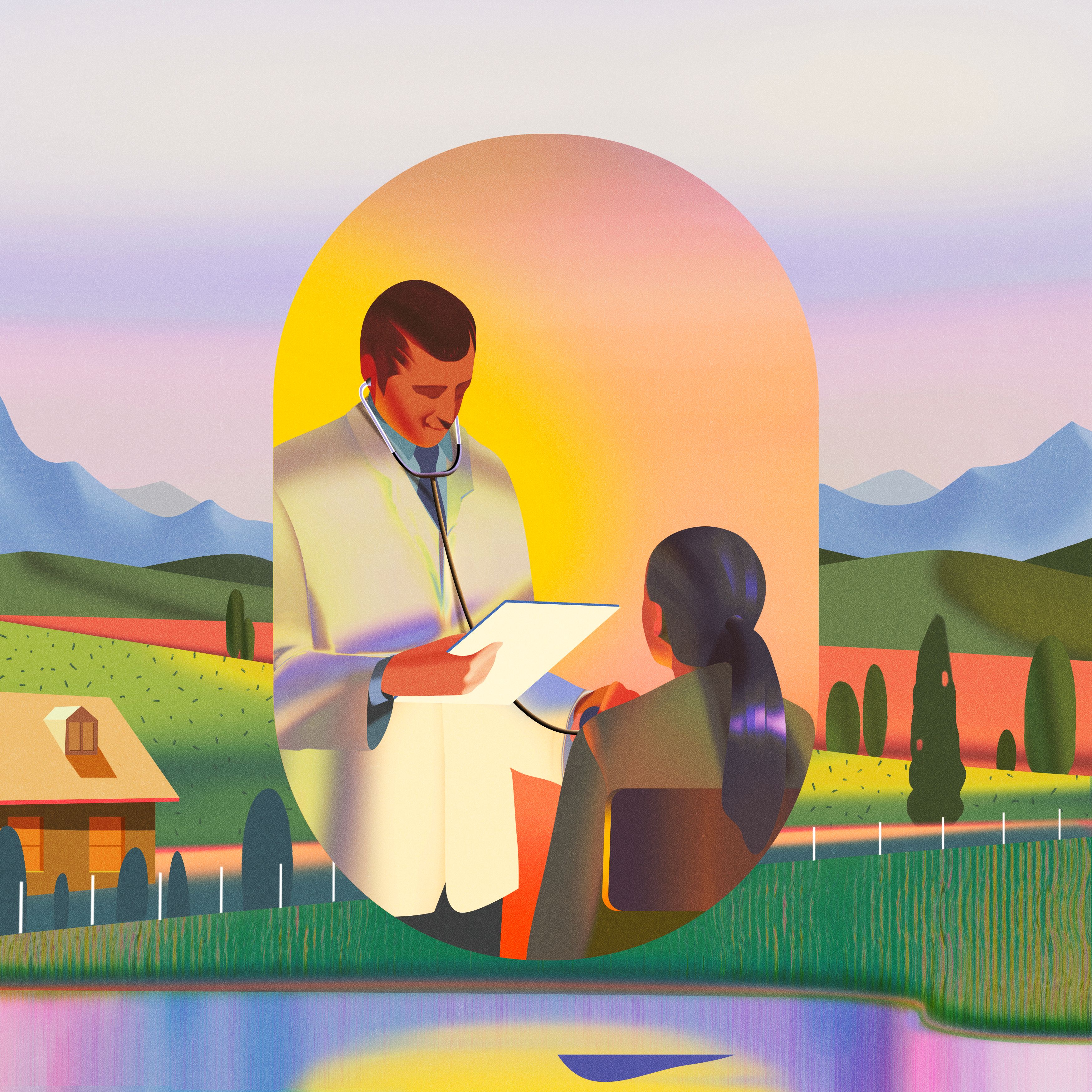 conceptual illustration of a doctor visit in in rural America 