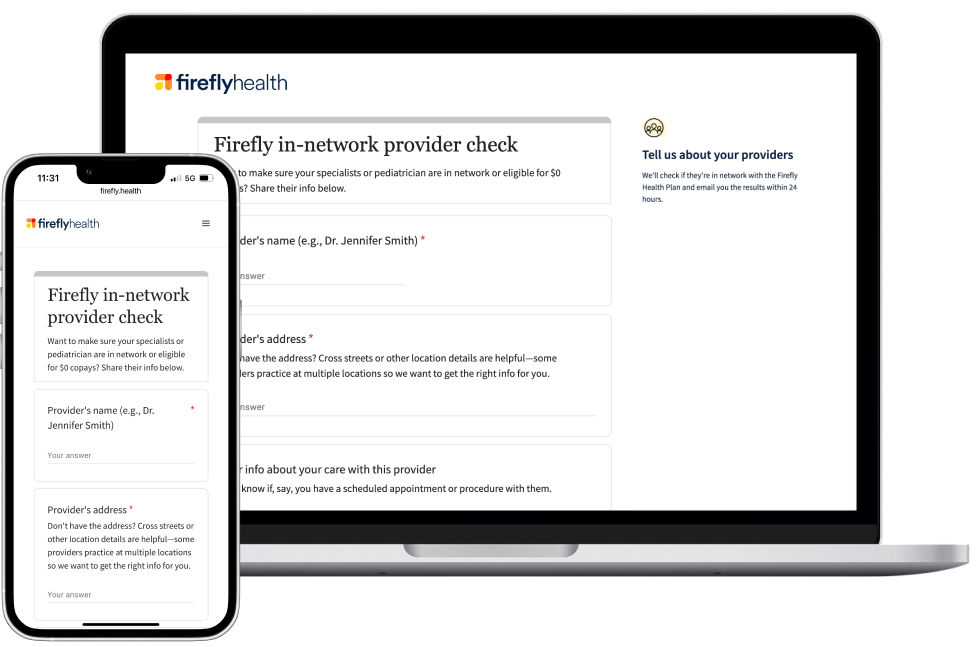Showing what an In-network provider check looks like on a phone and desktop