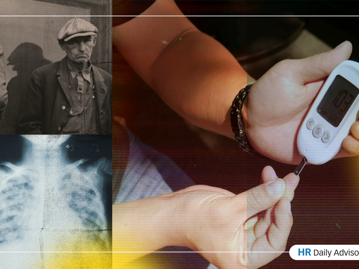 collage.  Top left:  Male factory worker 1950s, lower left: Xray, middle: donut, right side: someone taking diabetes reading 