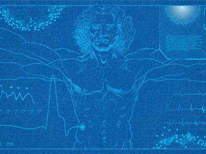 Vitruvian Man and data elements in a blueprint style