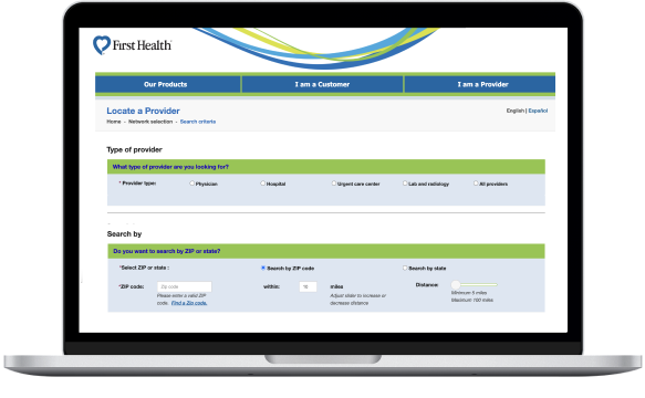 laptop showing how to search within the First Health network