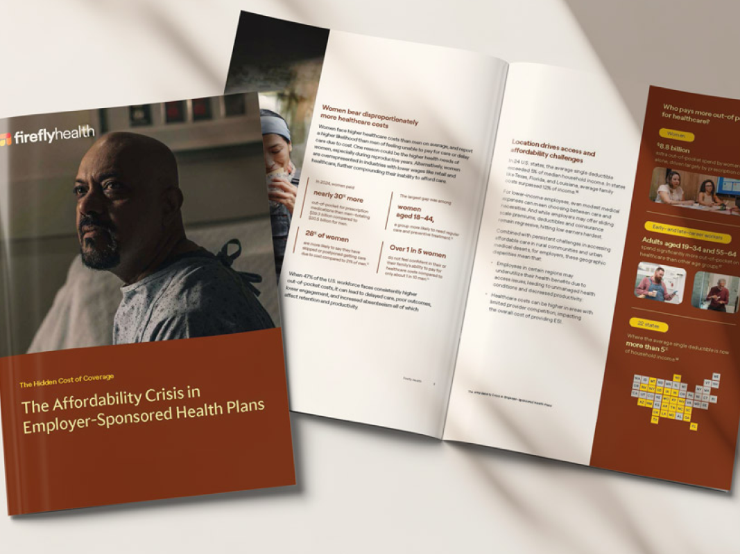mockup of the The Affordability Crisis in Employer-Sponsored Health Plans whitepaper cover and open spread