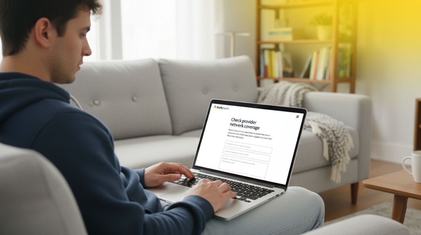 Person on their laptop in their home using the Firefly provider lookup form