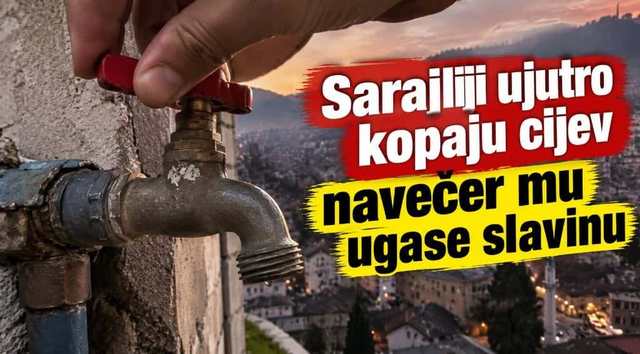 Slavina nad Sarajevom. Na slici je naslov o cijevi i ugašenoj vodi.
