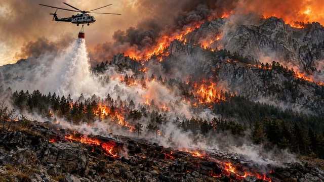 Helikopter izbacuje vodu nad planinom u plamenu. Ilustracija, nije snimak sa Čvrsnice.