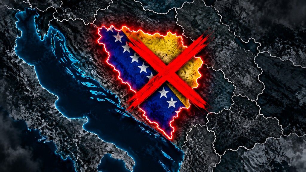 Zastava BiH precrtana crvenim iksom na reljefu. Ilustracija, nije anonimna karta četiri entiteta.