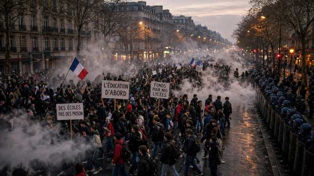 Masa srednjoškolaca i nastavnika na protestu u Parizu, suzavac i policijski kordon, oktobar 2026.
